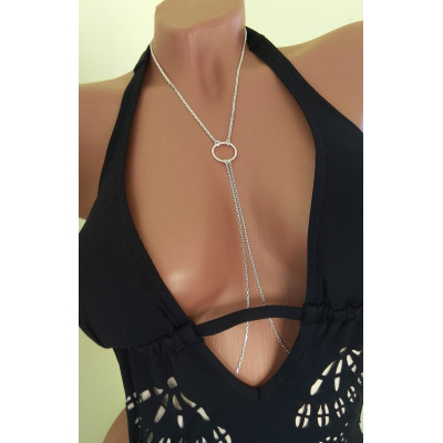 O-ring choker with chains and nipple rings. Sterling silver
