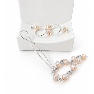 Silver Jewelry Set with Natural Peach Pearls Breast Rings and Vagina Clip
