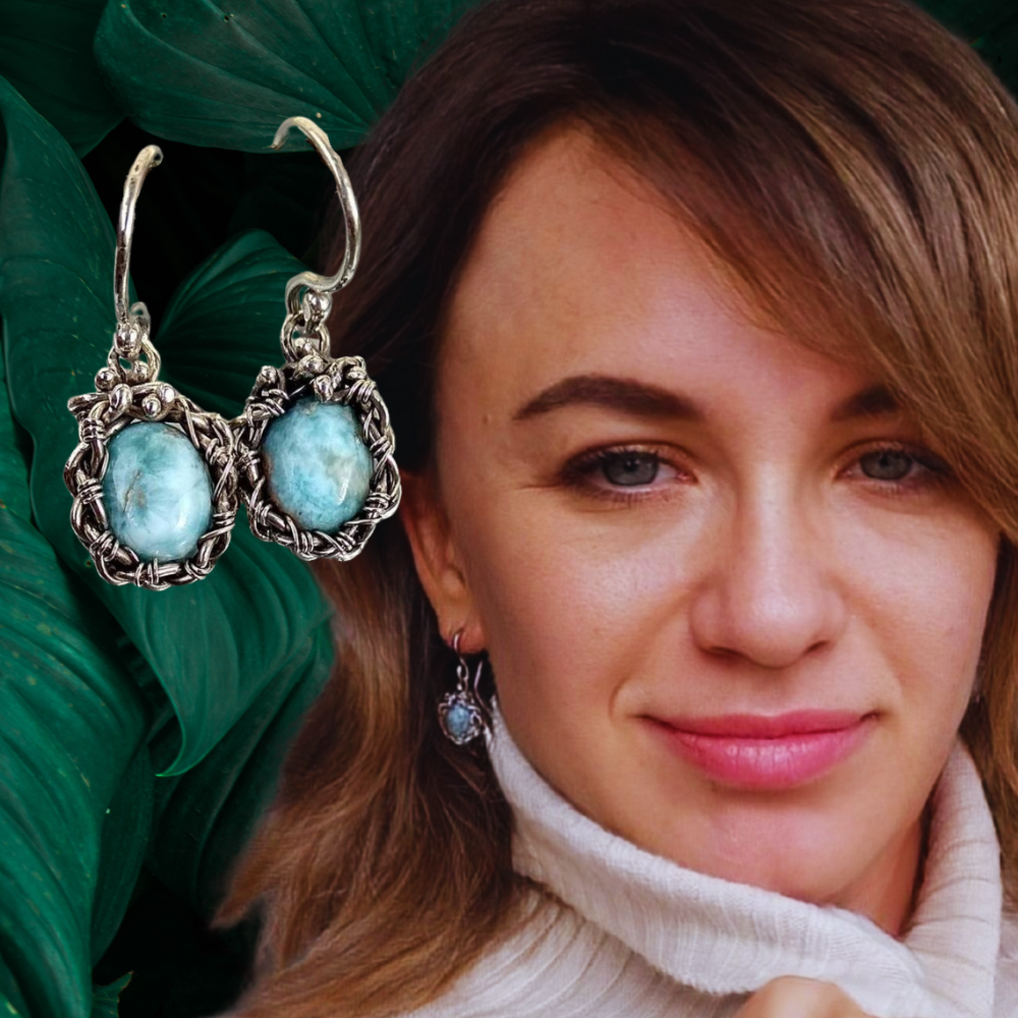 Larimar Wire Wrapped Earrings – Handmade Silver Drop Earrings — Image 2 of 4
