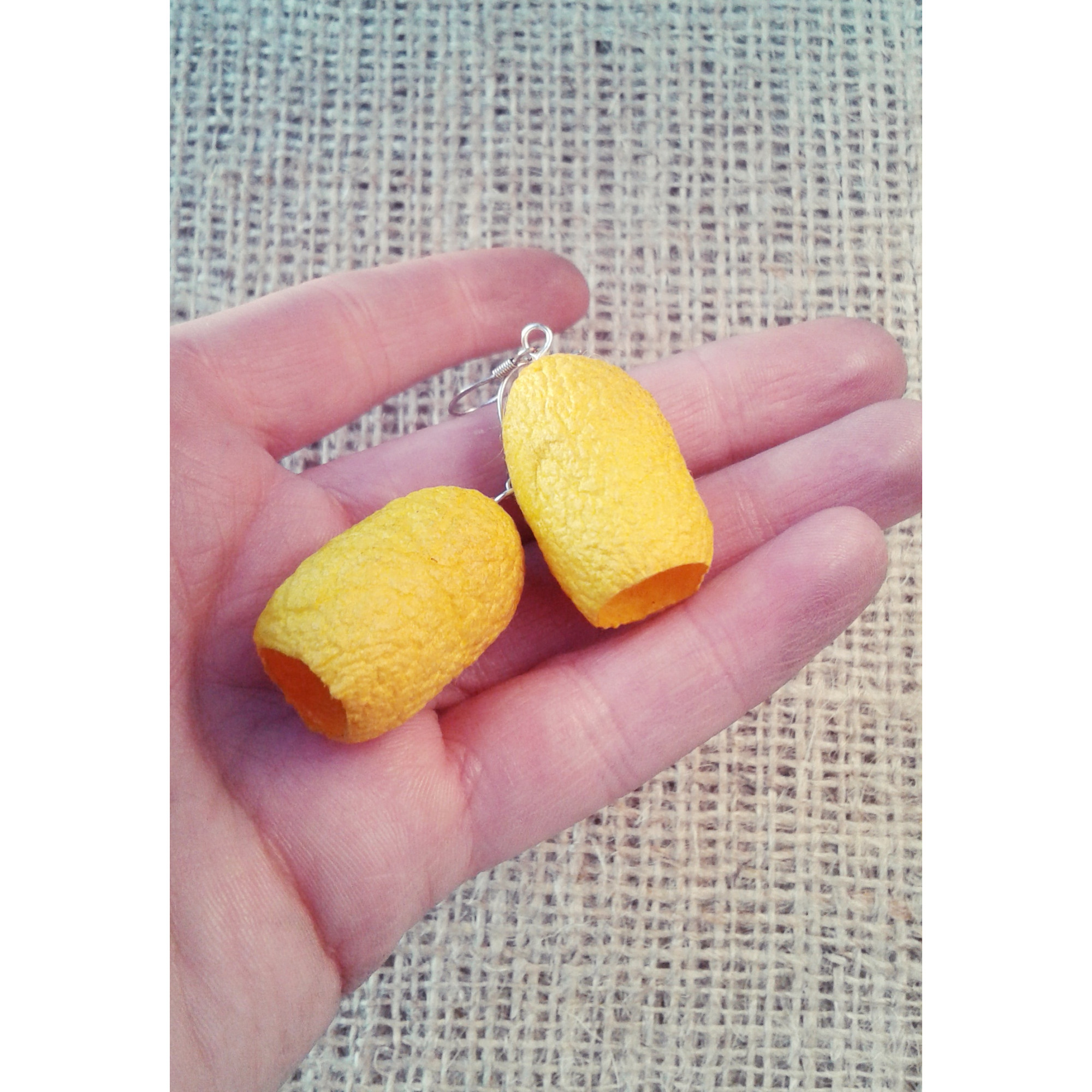 Handmade Yellow Boho Earrings from Silkworm Cocoons | SilverBuds — Image 3 of 5
