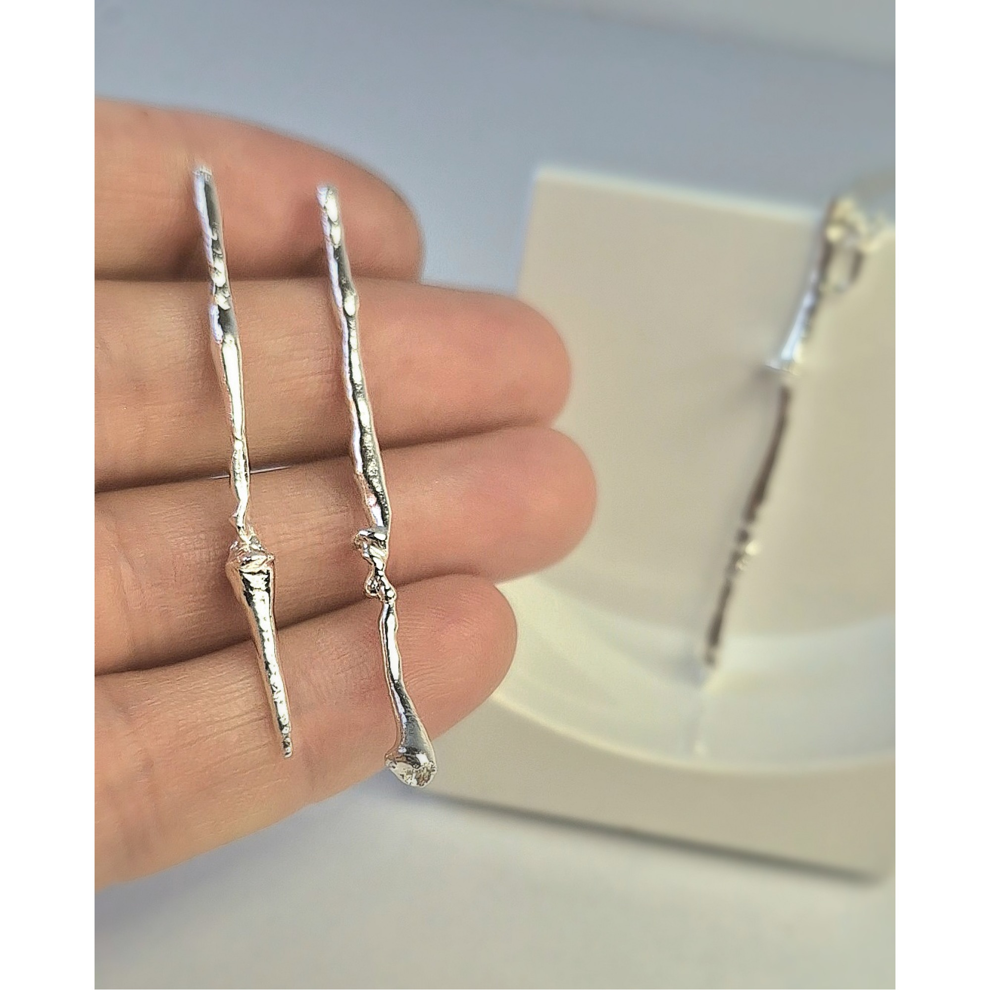 Long Sterling Silver Stud Earrings — Handmade Organic Shape, 4cm — Image 1 of 4