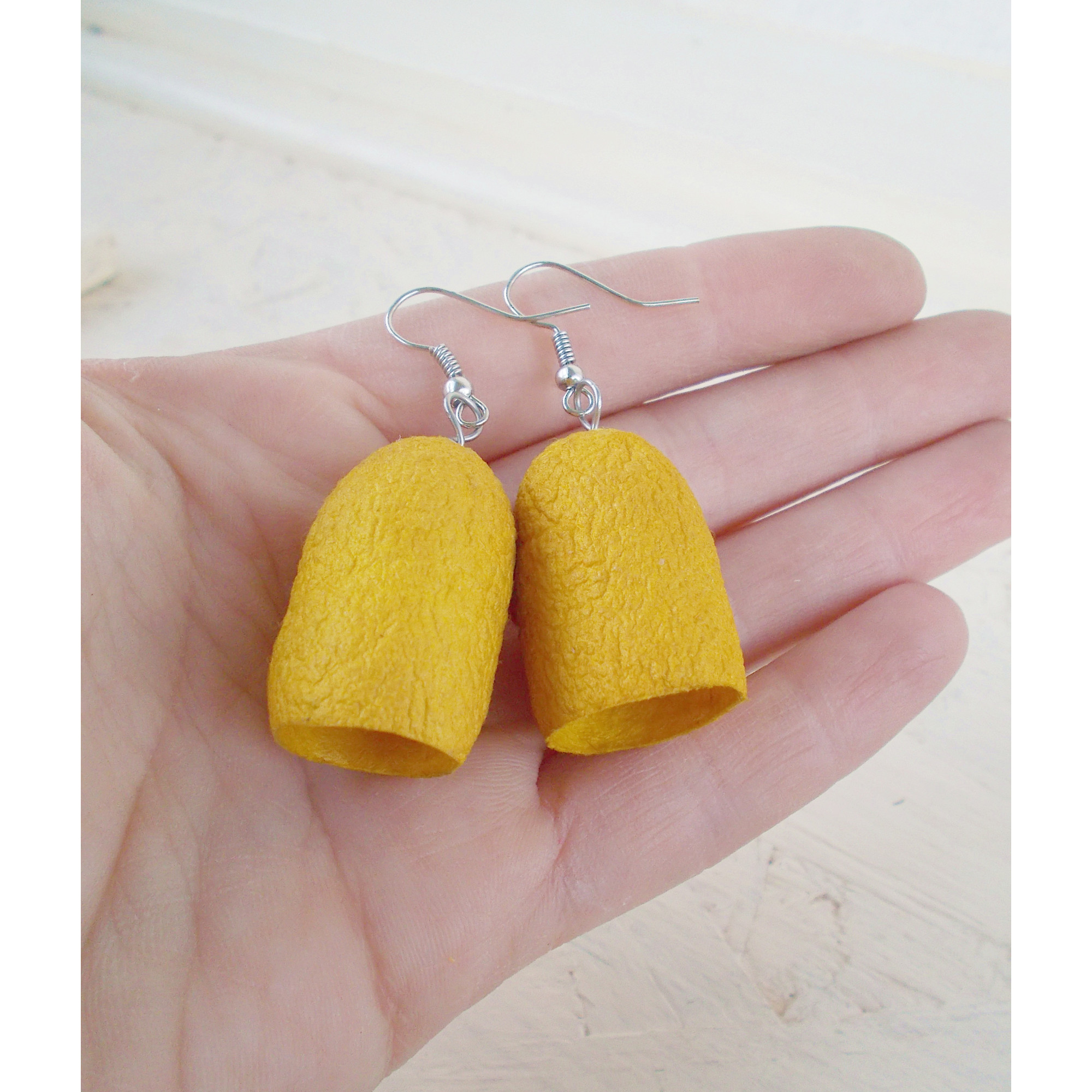 Handmade Yellow Boho Earrings from Silkworm Cocoons | SilverBuds — Image 5 of 5