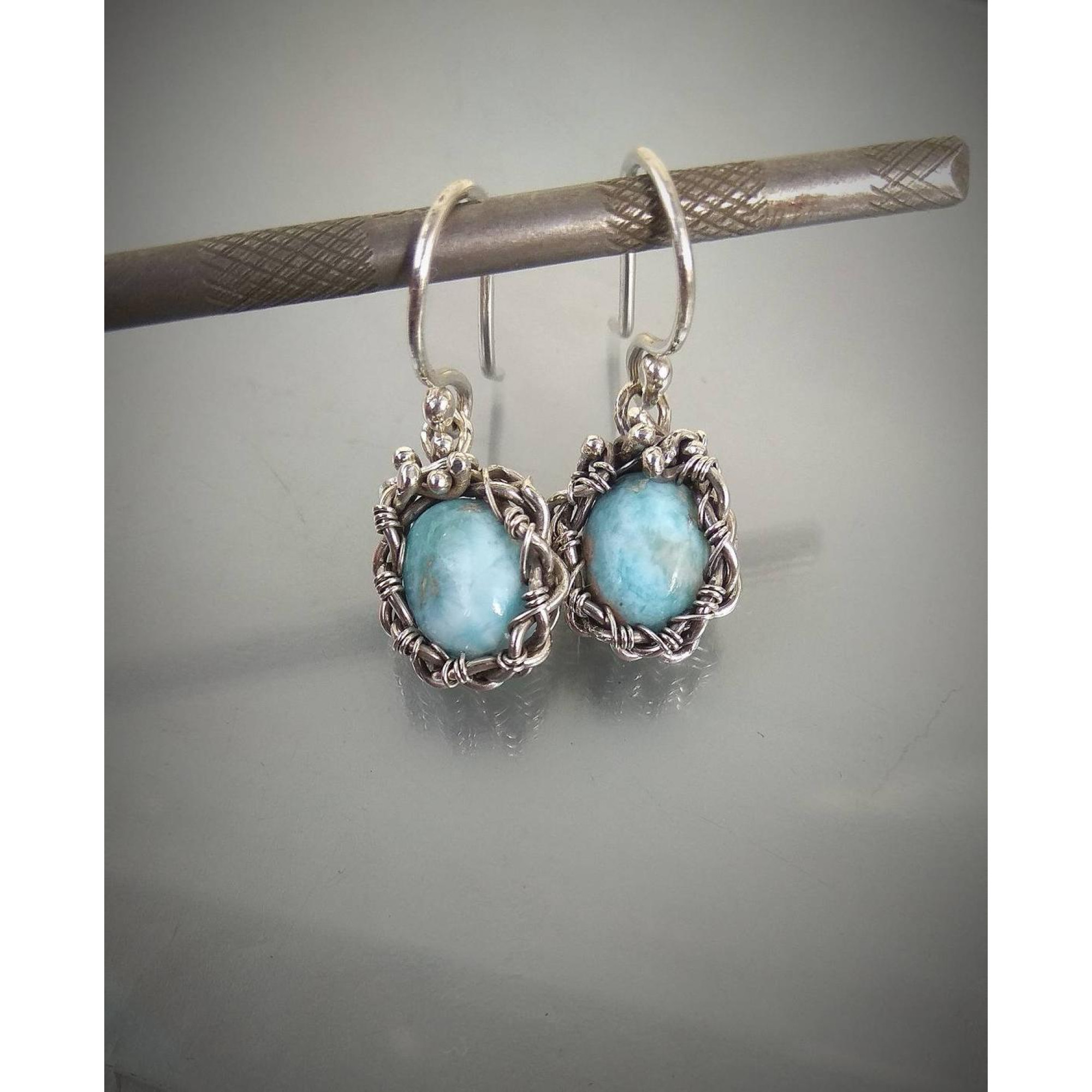 Larimar Wire Wrapped Earrings – Handmade Silver Drop Earrings — Image 1 of 4