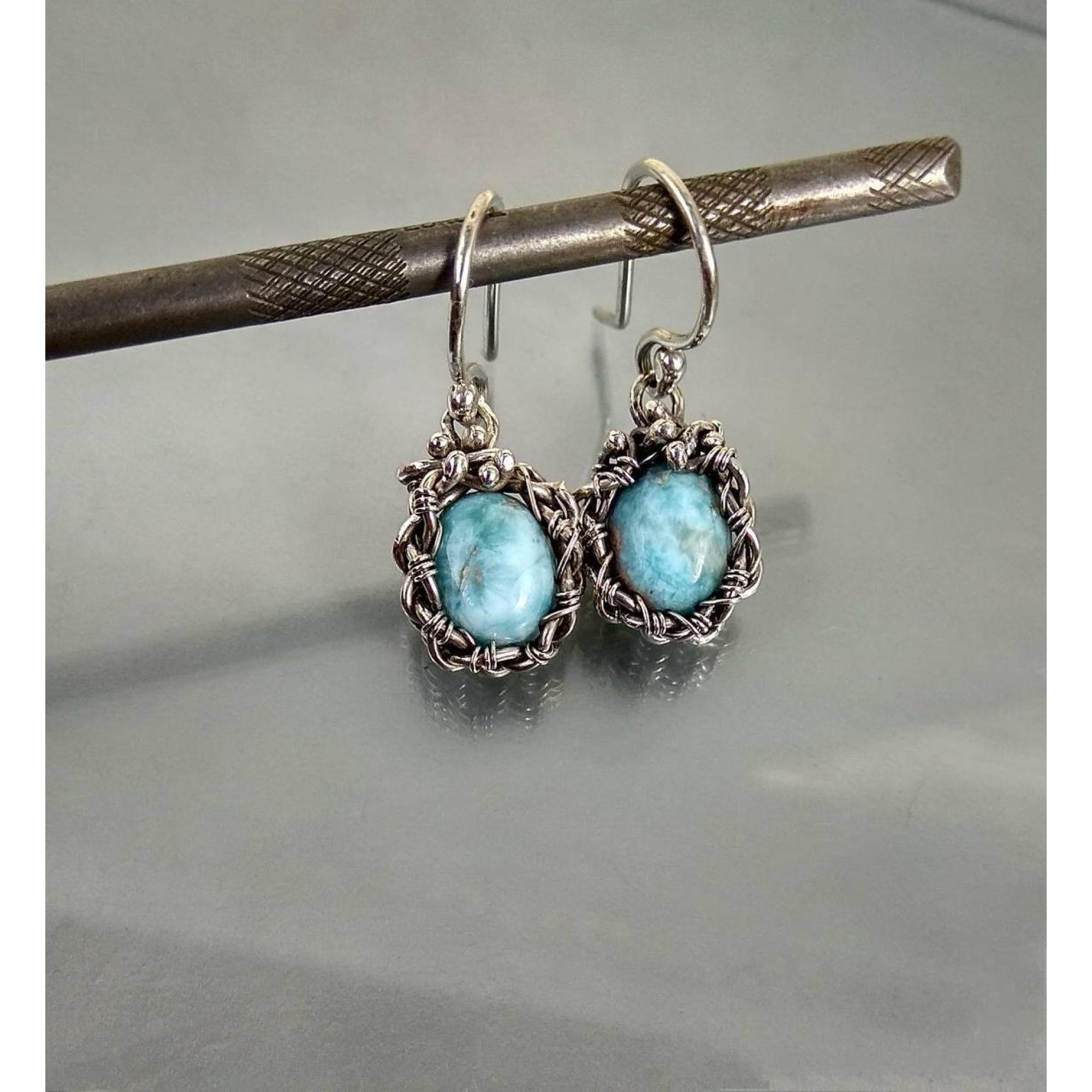 Larimar Wire Wrapped Earrings – Handmade Silver Drop Earrings — Image 3 of 4