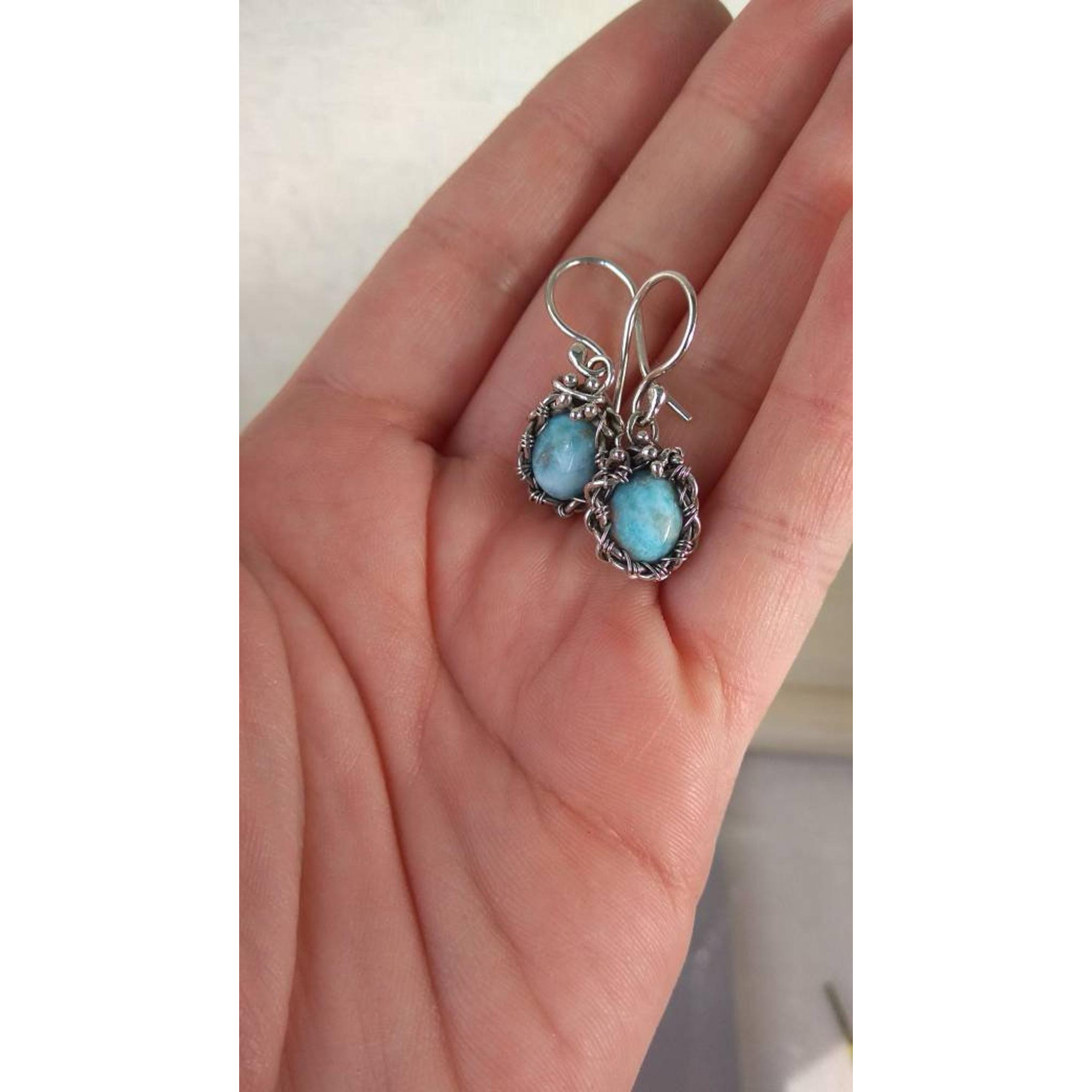 Larimar Wire Wrapped Earrings – Handmade Silver Drop Earrings — Image 4 of 4