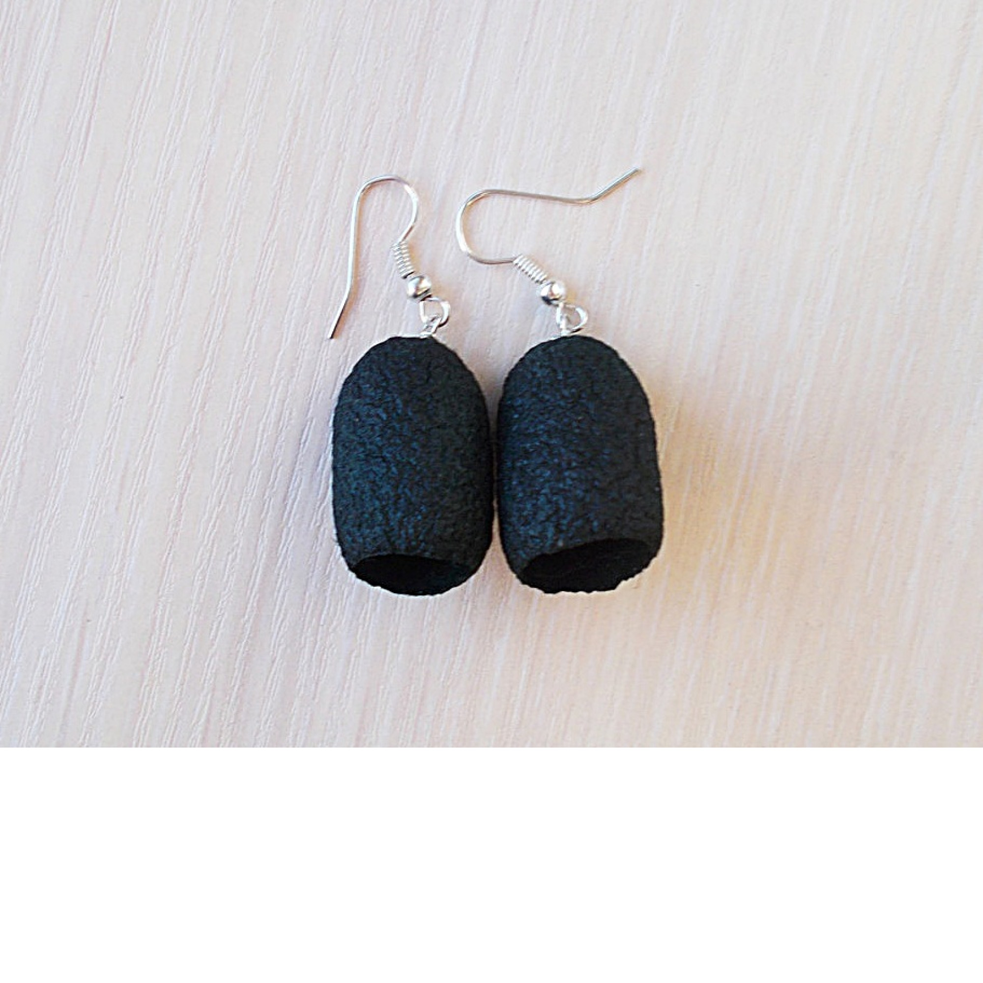 Black earrings handmade of silkworm cocoons, Boho earrings — Image 2 of 2