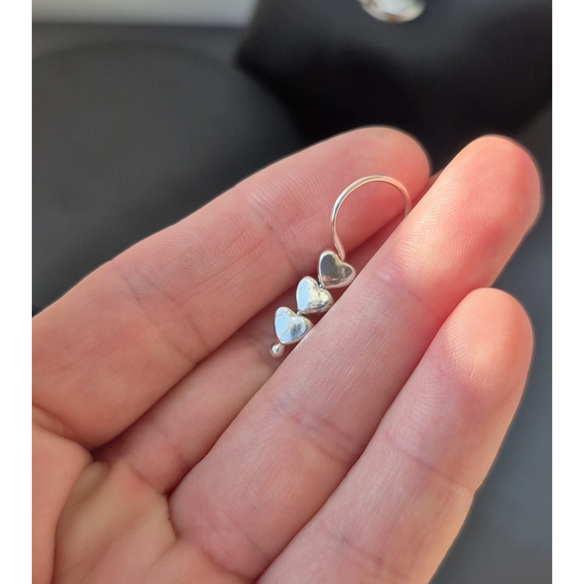 Triple Heart Lip Cuff – Handmade Sterling Silver Fake Lip Ring with Moving Hearts, No Piercing — Image 4 of 5