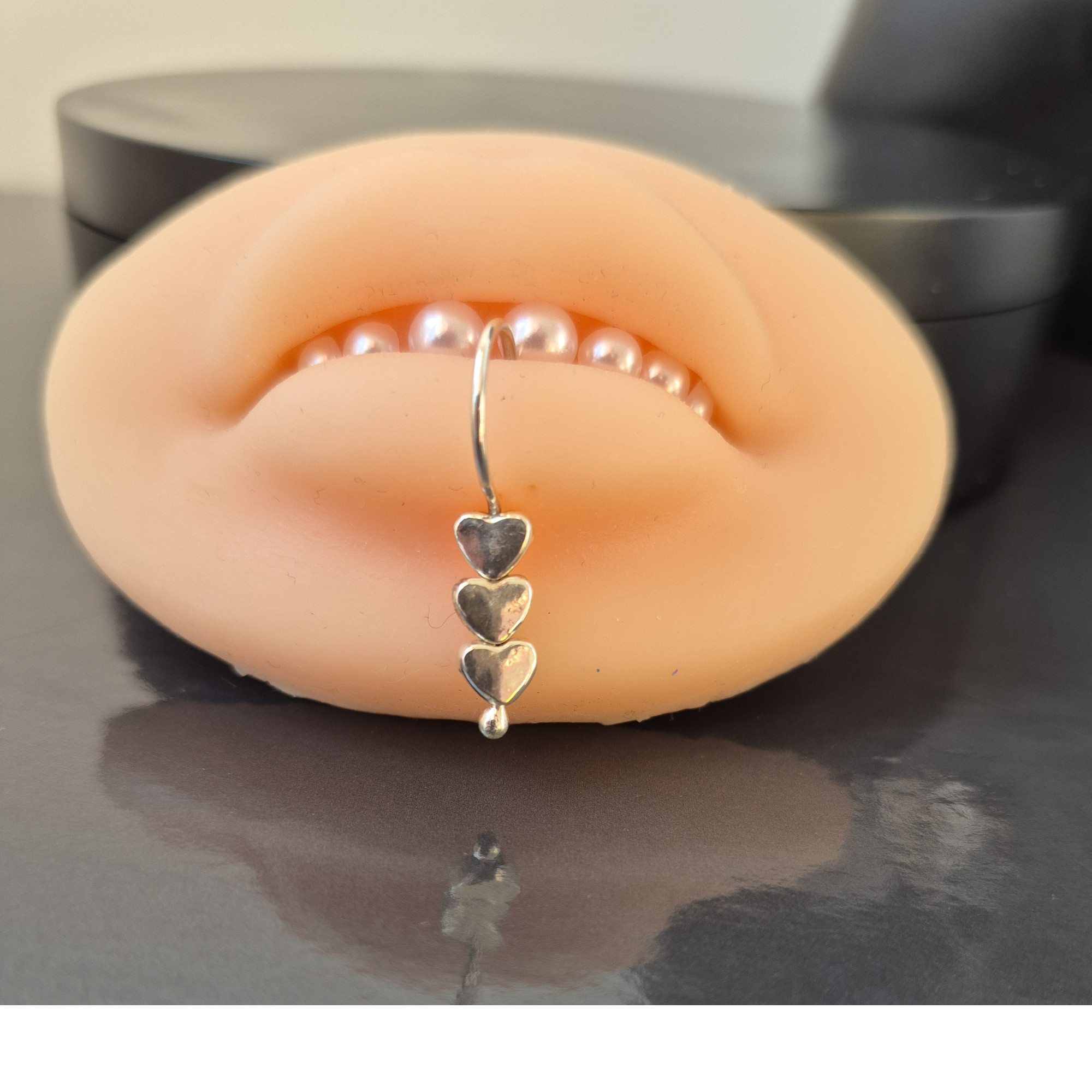 Triple Heart Lip Cuff – Handmade Sterling Silver Fake Lip Ring with Moving Hearts, No Piercing — Image 5 of 5