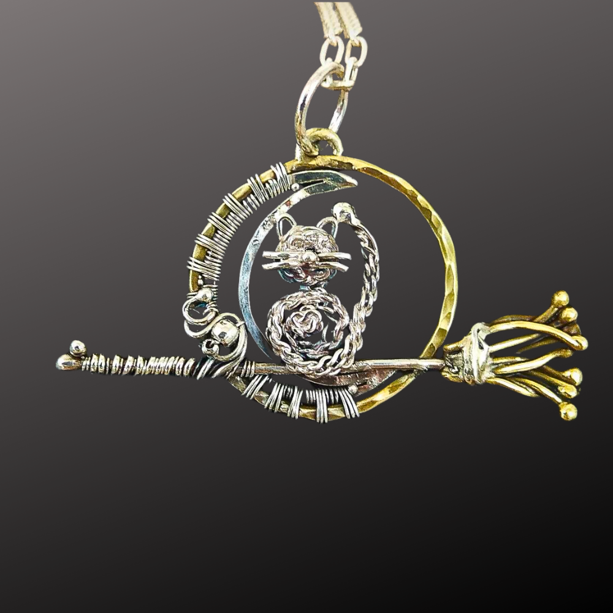 Cat on a Broom Necklace — Sterling Silver Wire Wrap Moon Pendant — Image 2 of 4
