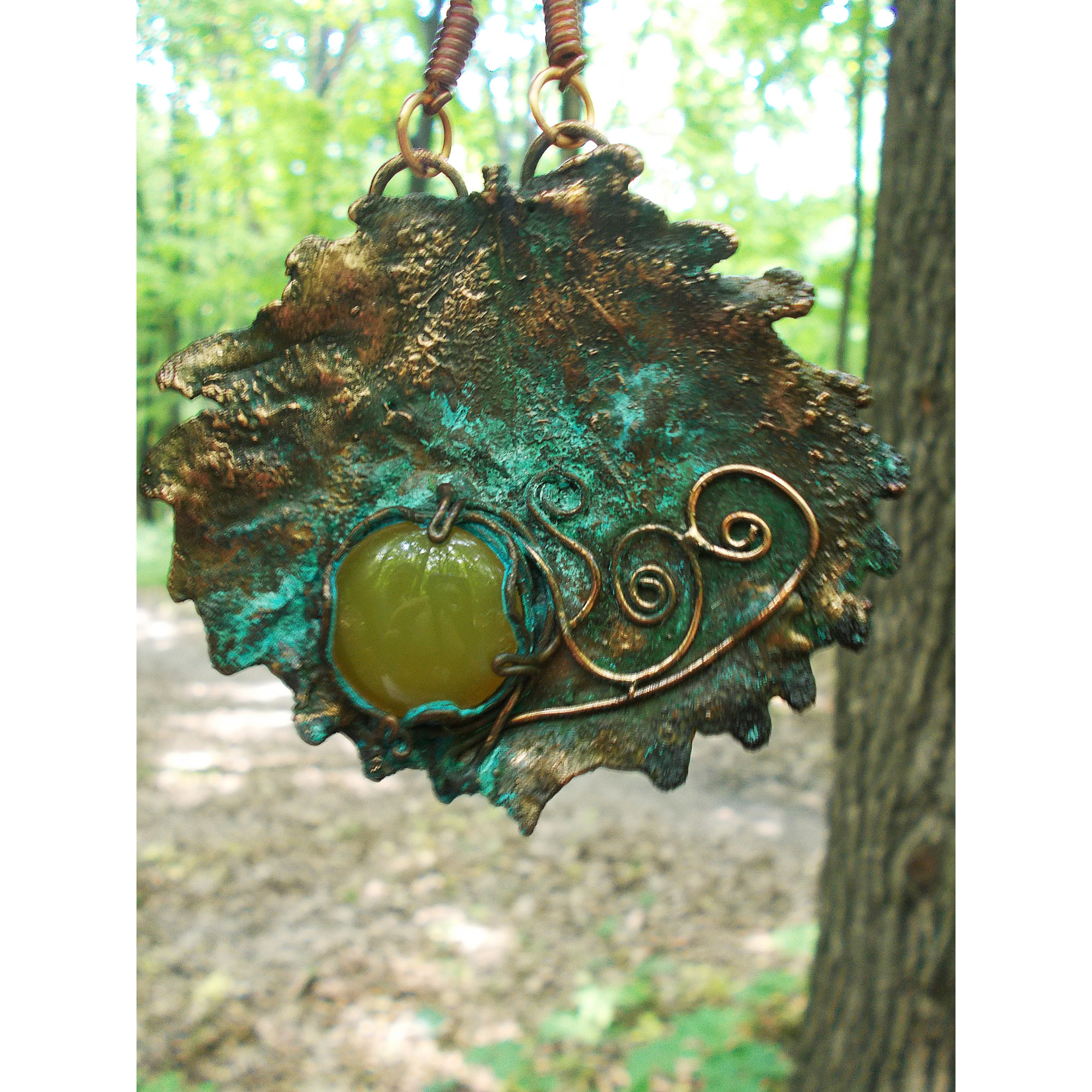 Electroforming leaf necklace  Real Aspen leaf necklace big yellow gemstone Round copper pendant Aspen Leaf pendant  copper pendant, sunrise. — Image 5 of 5
