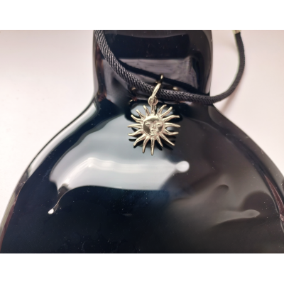 Sun choker with black leather cord. Handmade in silver orbrass