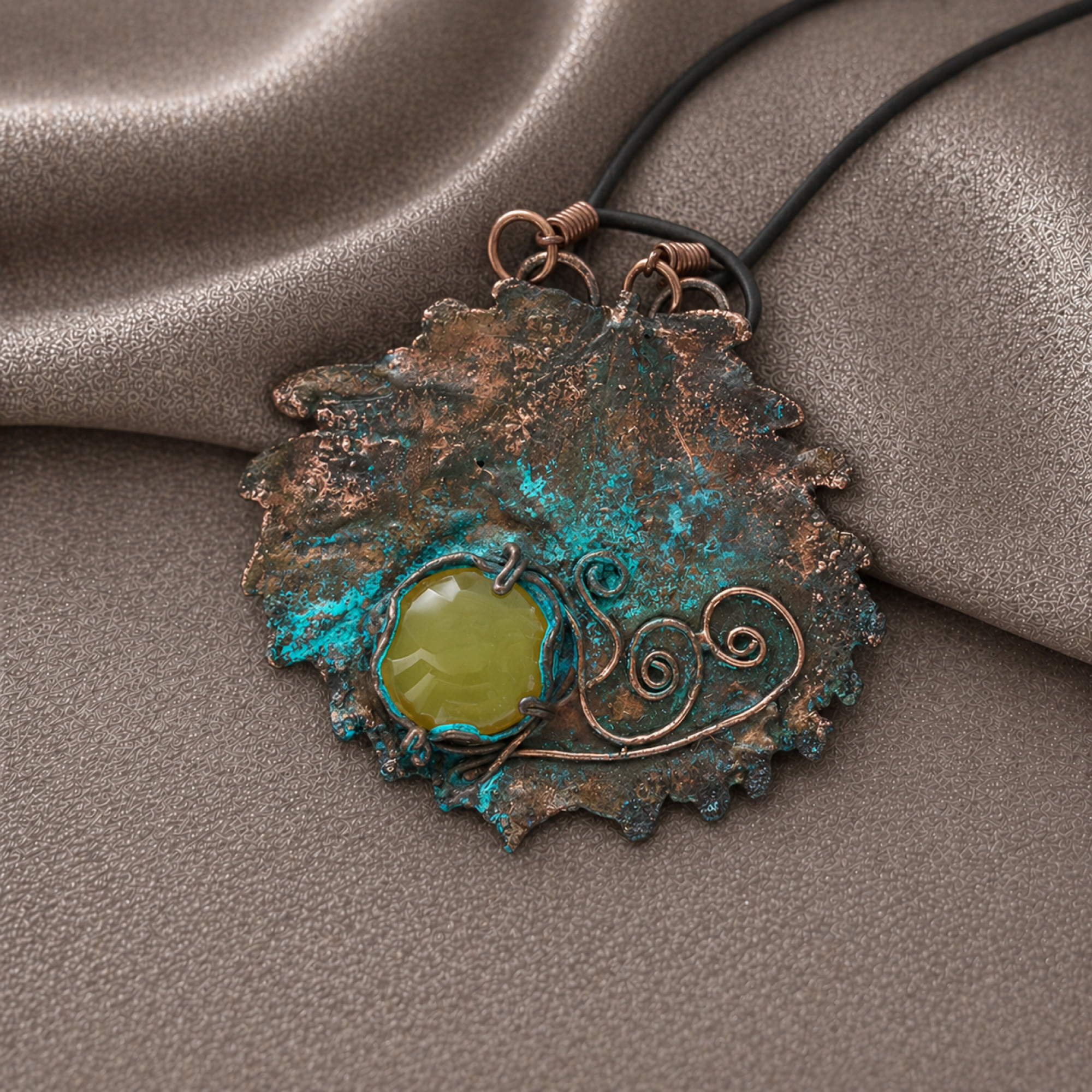 Electroforming leaf necklace  Real Aspen leaf necklace big yellow gemstone Round copper pendant Aspen Leaf pendant  copper pendant, sunrise. — Image 1 of 5