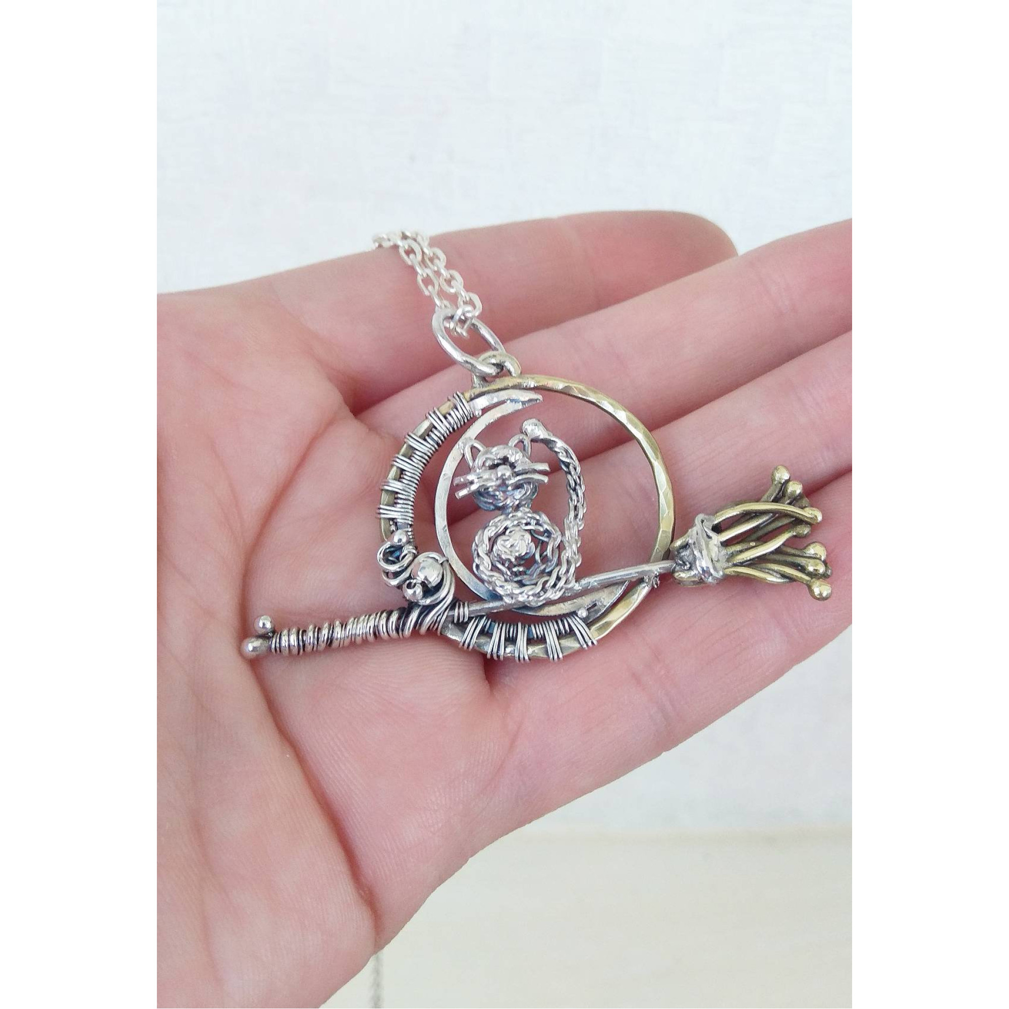Cat on a Broom Necklace — Sterling Silver Wire Wrap Moon Pendant — Image 4 of 4