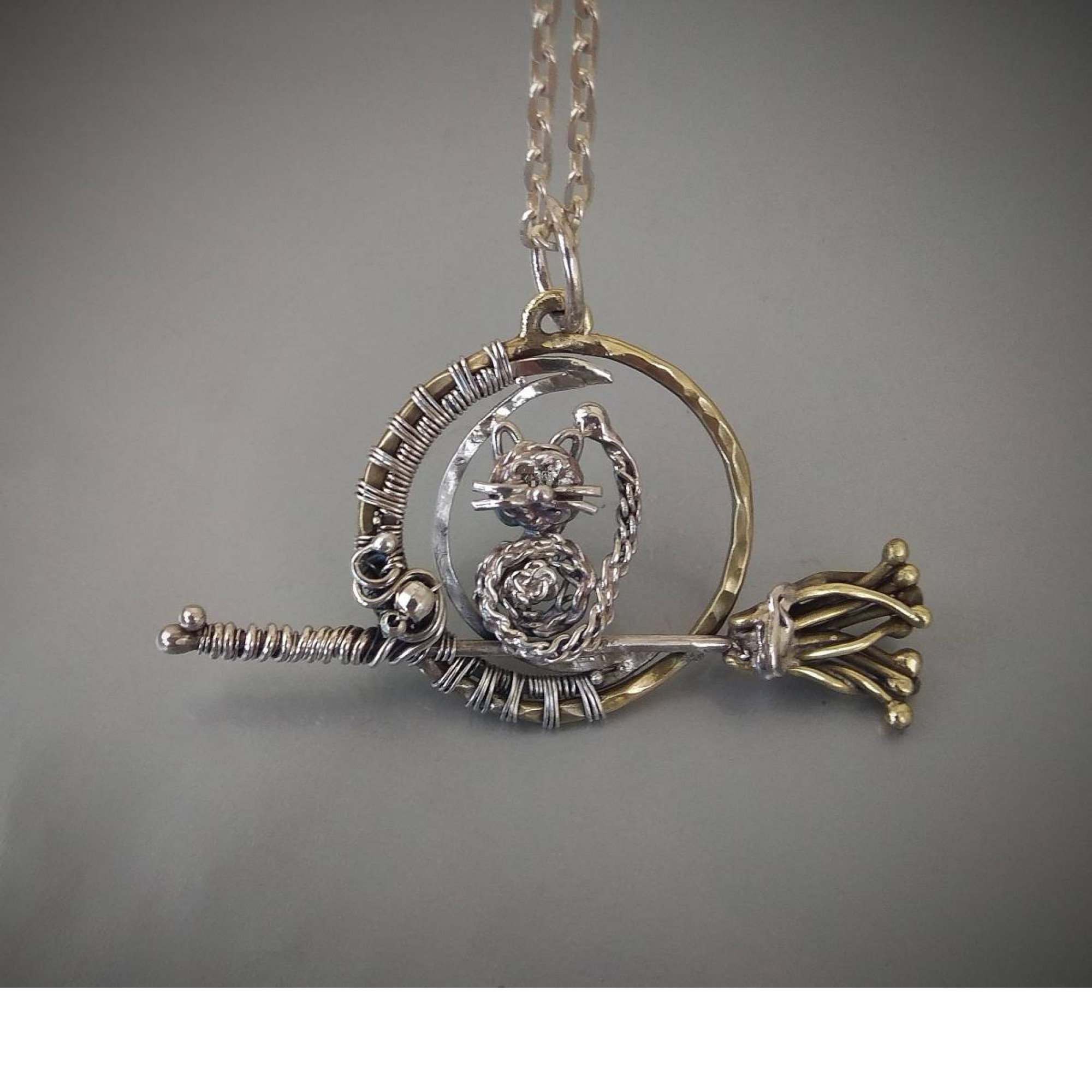Cat on a Broom Necklace — Sterling Silver Wire Wrap Moon Pendant — Image 3 of 4