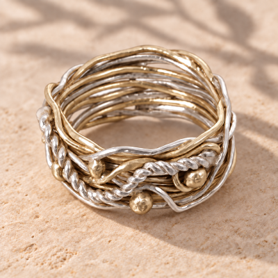 Nest Ring – Boho Wire Bramble Ring, Boho Wire Wrap Silver Brass, Wide Mixed Metal Statement Band, Size 12Wrap Ring, Wide Handmade Silver and Brass Mixed Metal Band