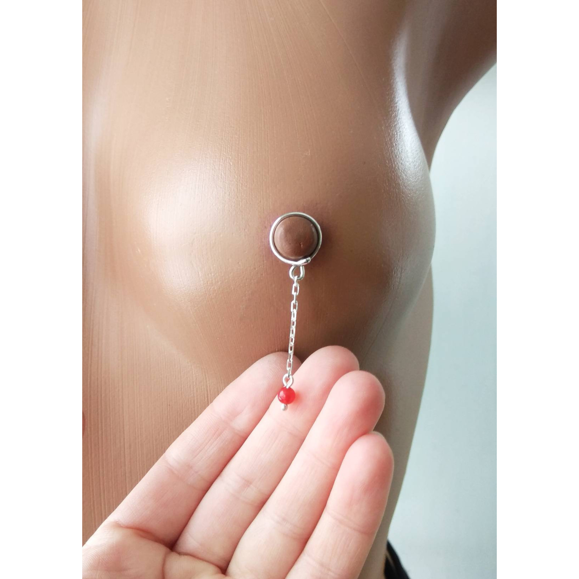 Nipple jewelry Non Piercing Nipple Rings With red quartz beads - Solid sterling Silver - Fake Piercing - gift for wife — Image 10 of 11