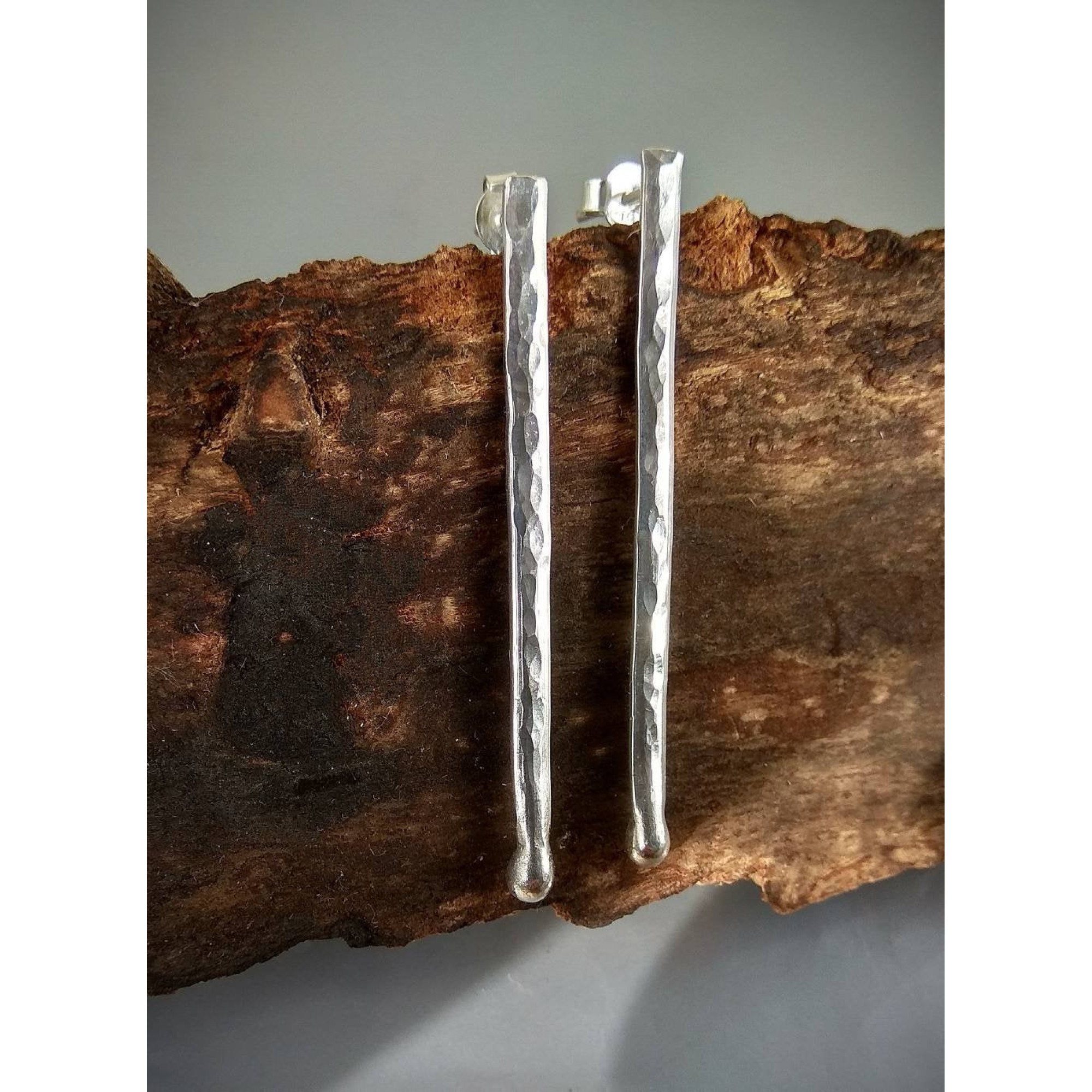Handmade Sterling silver stud Earrings textured sticks earrings — Image 5 of 8