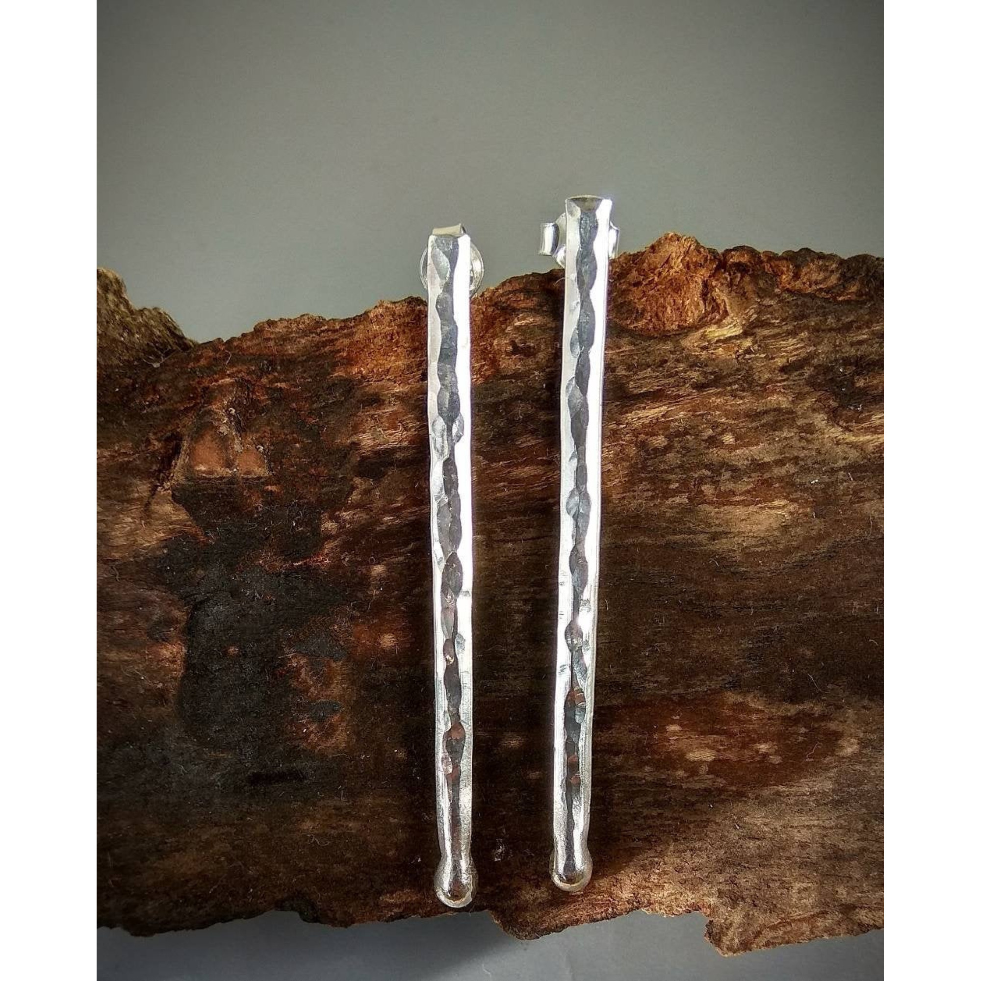 Handmade Sterling silver stud Earrings textured sticks earrings — Image 3 of 8