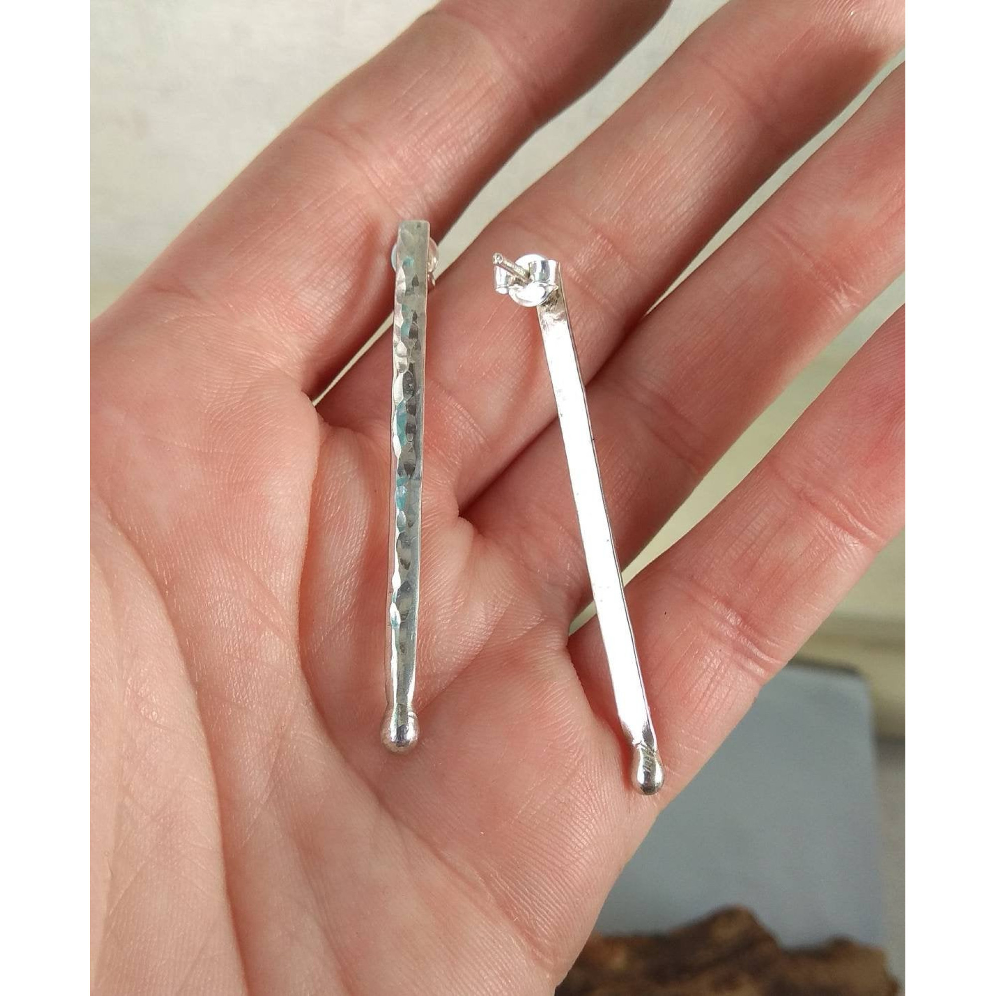 Handmade Sterling silver stud Earrings textured sticks earrings — Image 1 of 8