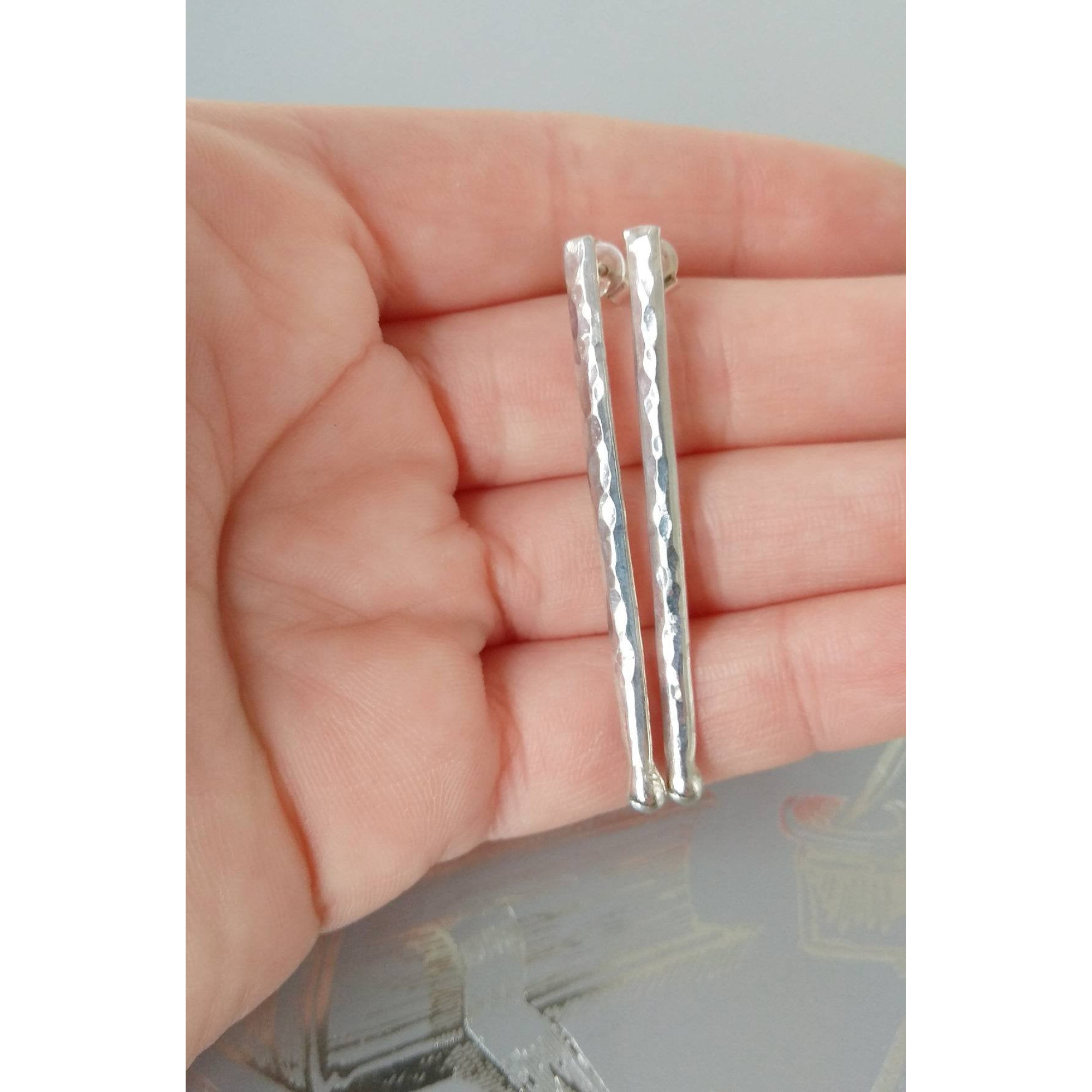 Handmade Sterling silver stud Earrings textured sticks earrings — Image 2 of 8