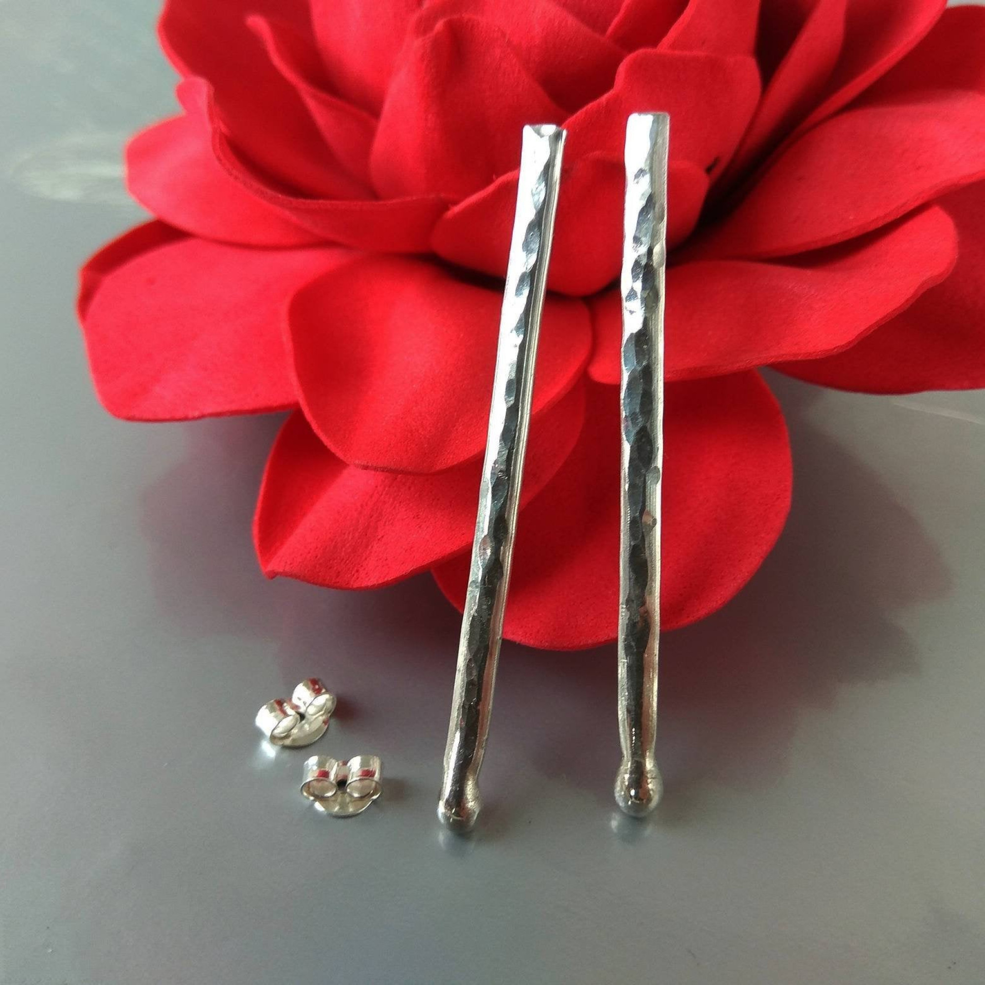 Handmade Sterling silver stud Earrings textured sticks earrings — Image 4 of 8