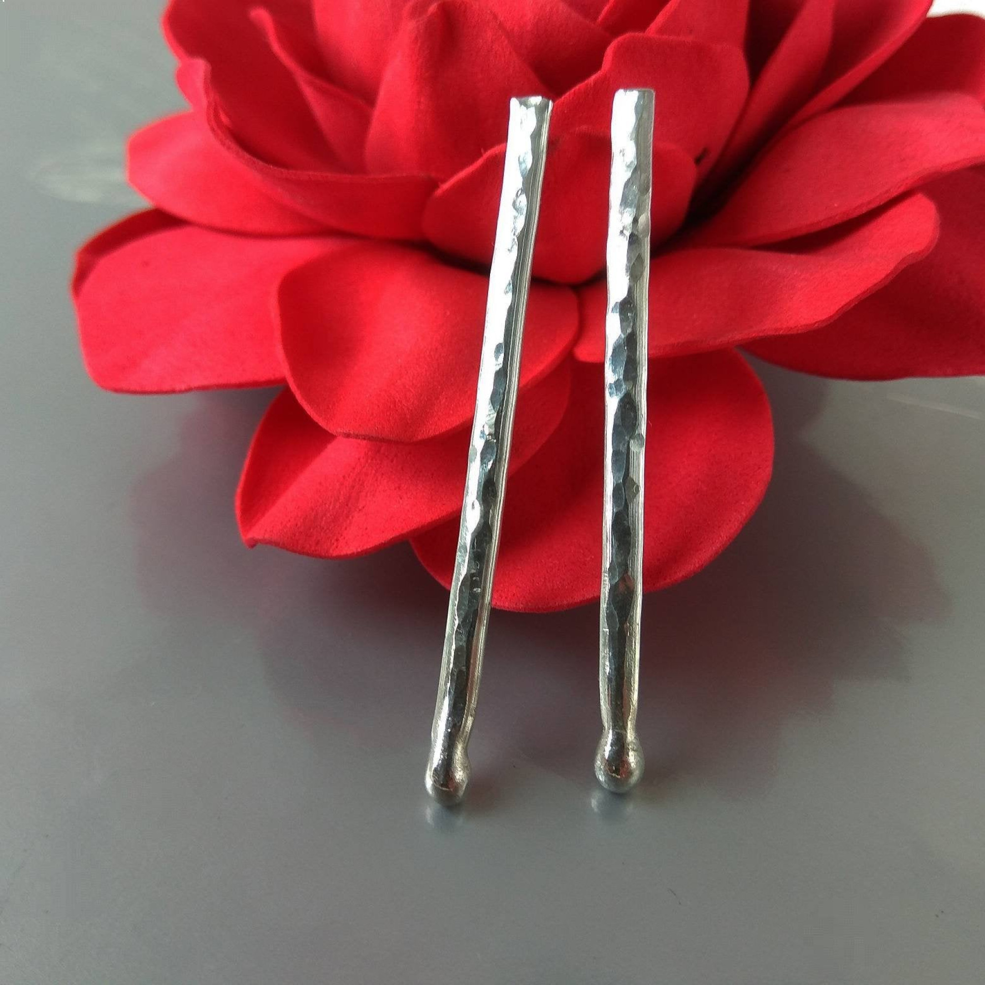 Handmade Sterling silver stud Earrings textured sticks earrings — Image 7 of 8