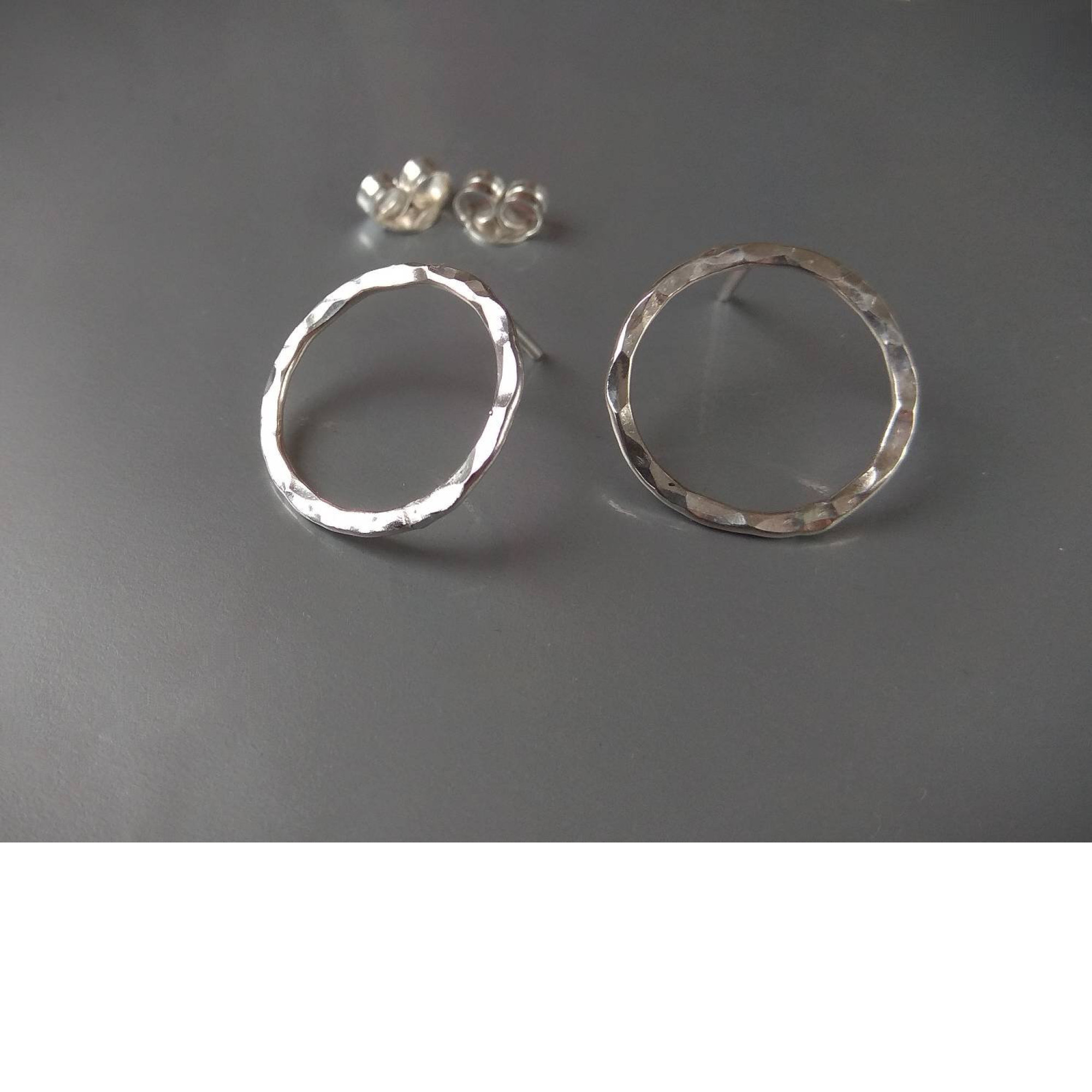 Handmade Open Circle Textured Sterling Silver Stud Earrings — Image 3 of 7