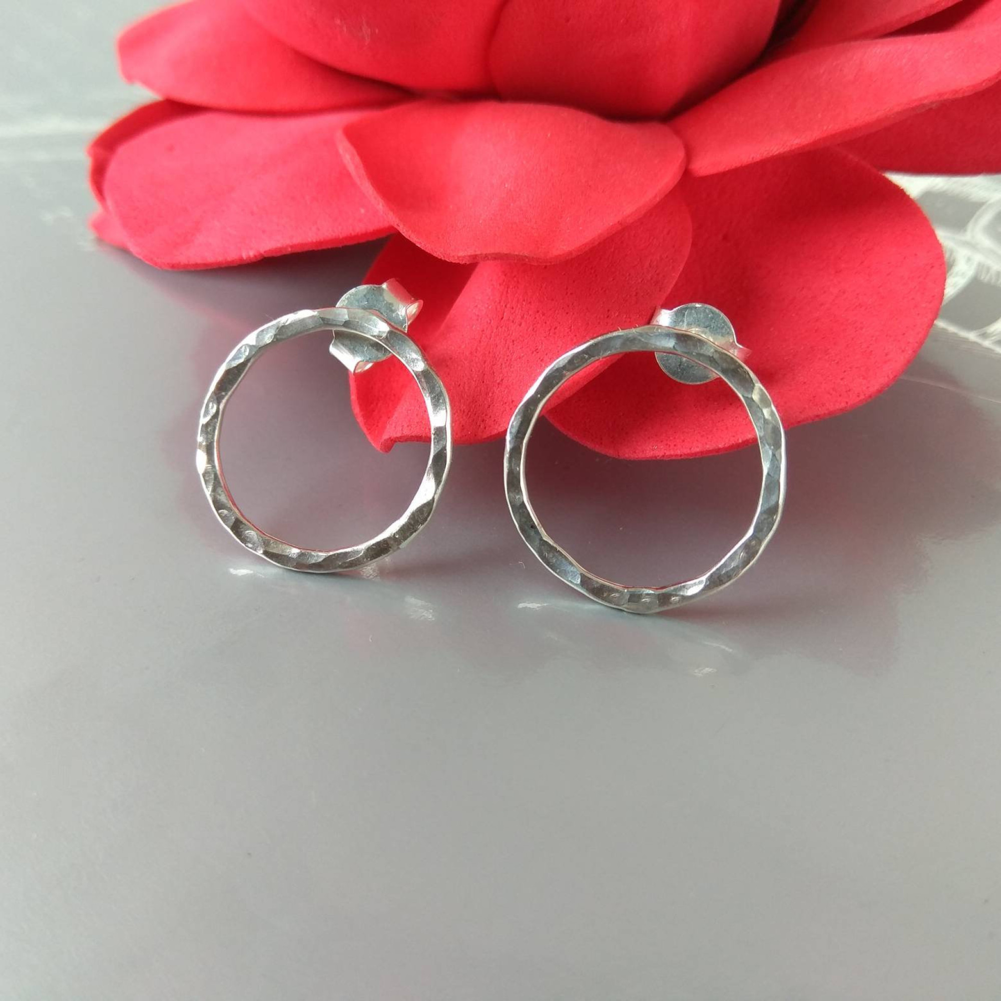 Handmade Open Circle Textured Sterling Silver Stud Earrings — Image 6 of 7