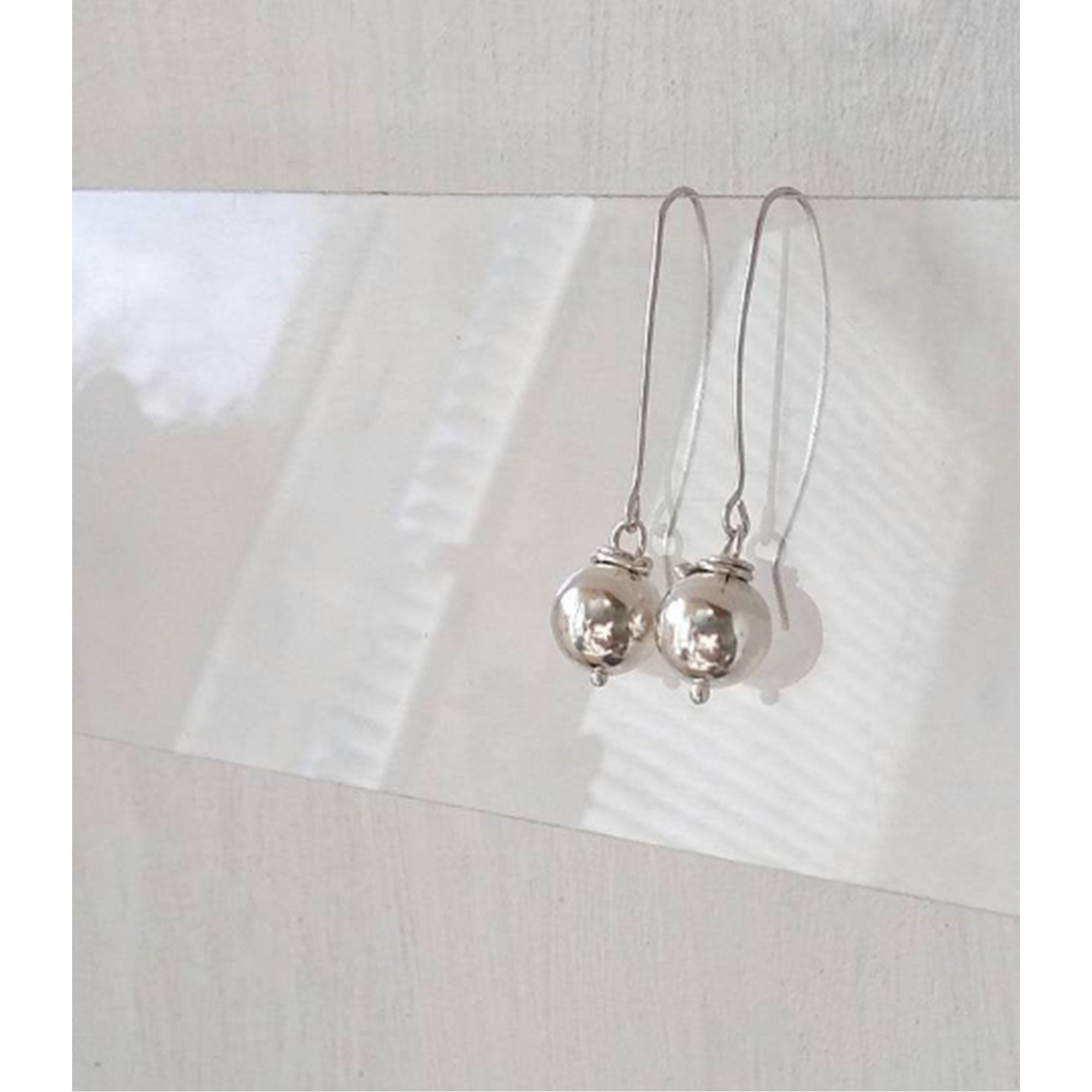 Long earrings Sparkly silver balls 10mm  shining beads minimalist style earrings bridesmaid unique earrings — Image 2 of 6