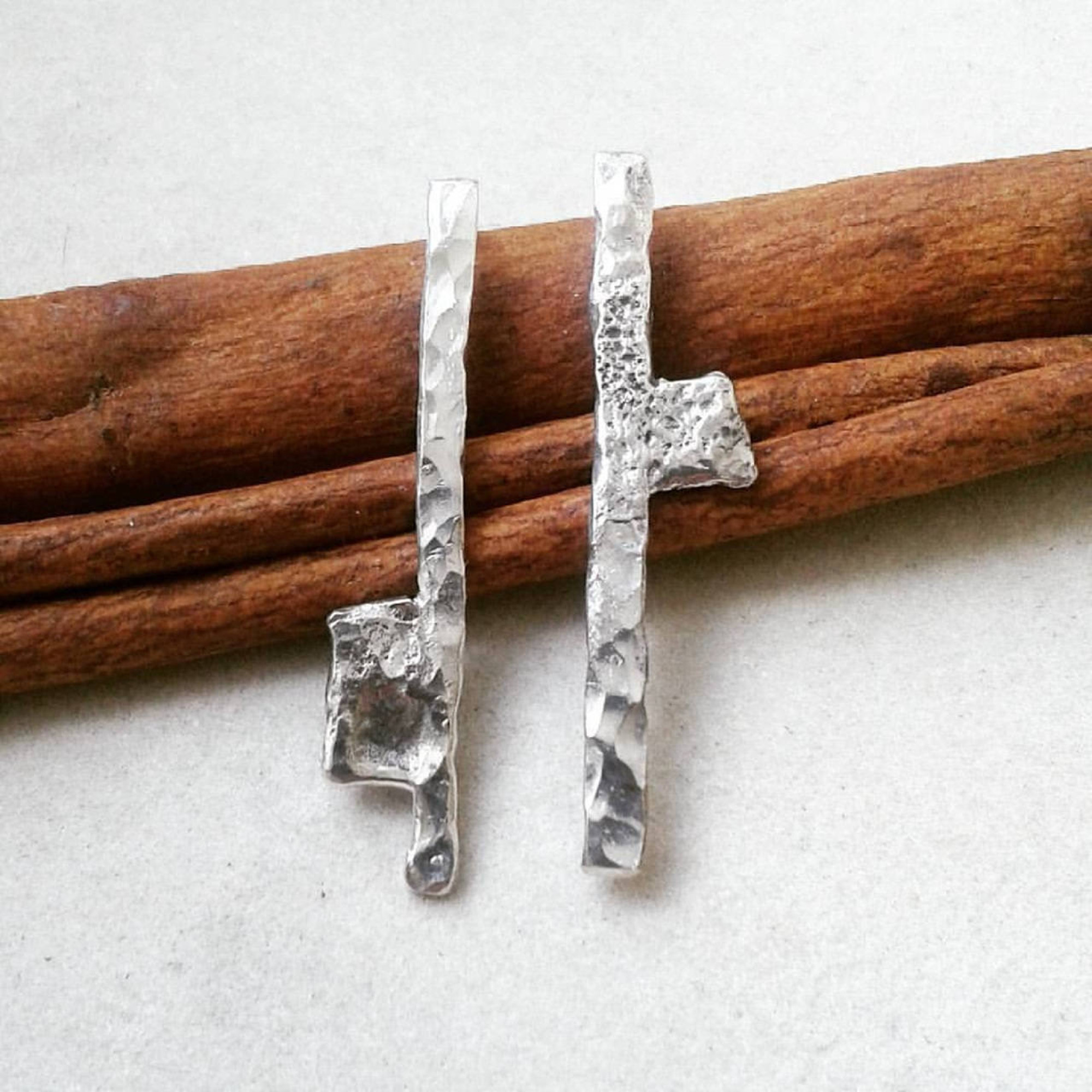 Handmade Silver Asymmetric earrings mismatched earrings oxidized silver Earrings Silver Post earrings unique earrings distressed earrings — Image 3 of 4