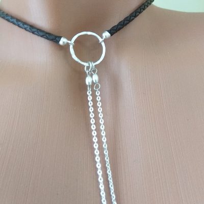 Black leather  Choker With  handmade sterling silver heart Dangling silver Chains and fake nipple piercing