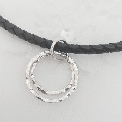 Black leather O ring Choker Necklace with handmade sterling silver hammered rings