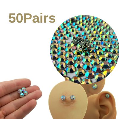 50 Pairs Magnetic Nipple Rings Rainbow Crystal Set – Fake Nipple Piercing Value Pack