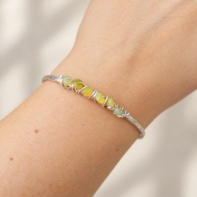 Ember Cuff, Genuine Opal Bracelet, Hammered Sterling Silver Wire Wrap Open Cuff
