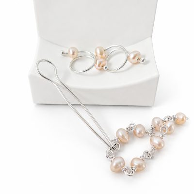 Silver Jewelry Set with Natural Peach Pearls Breast Rings and Vagina Clip